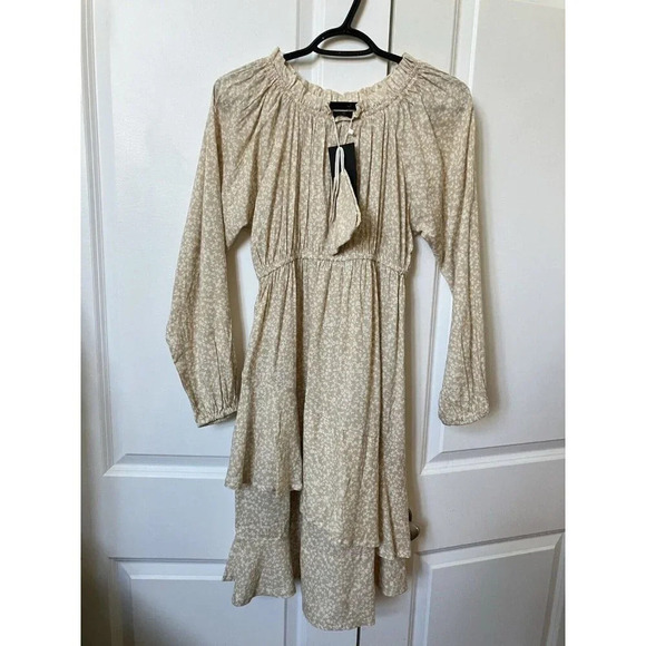 Ice Cream Prairie Asymmetrical Ruffle Tiered Tan Floral Off Shoulder Dress NWT - Picture 1 of 5